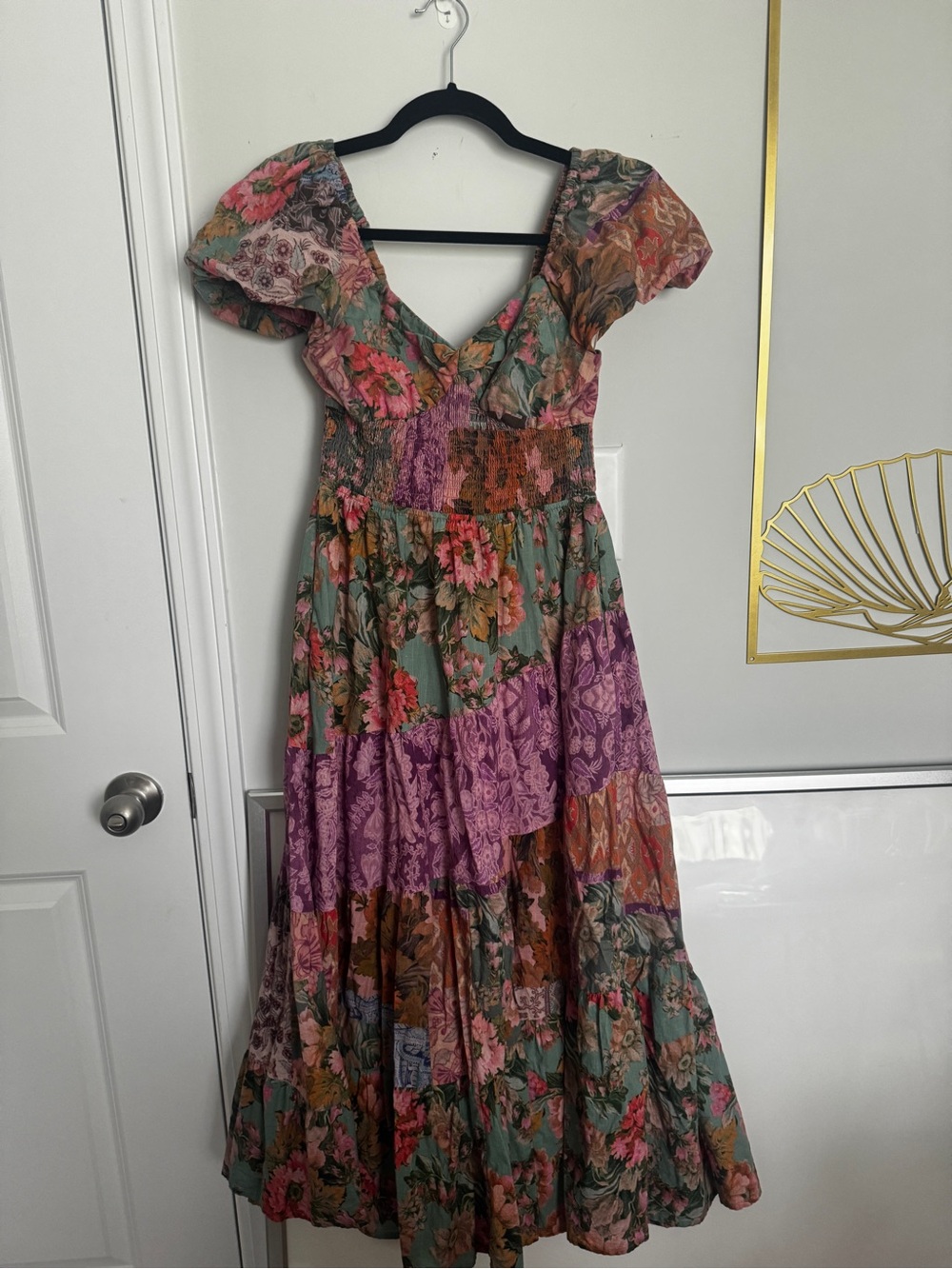 Rachel Floral Tiered V-Neck Midi Dress in Green and Purple